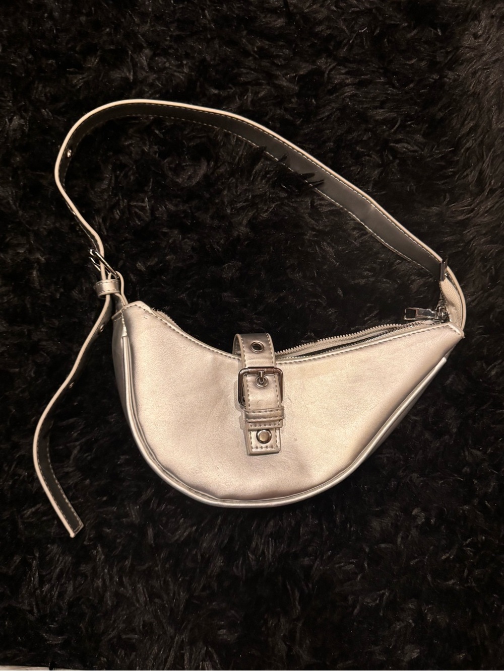 Sleek Metallic Silver Crescent Shoulder Bag